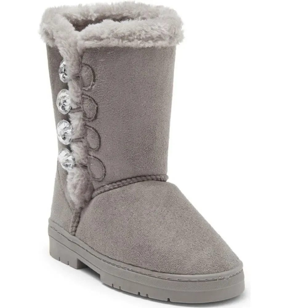 Bebe Kid's Boot Winter Rhinestone Button‎ Faux Fur Lined Trim Gray Size 13
